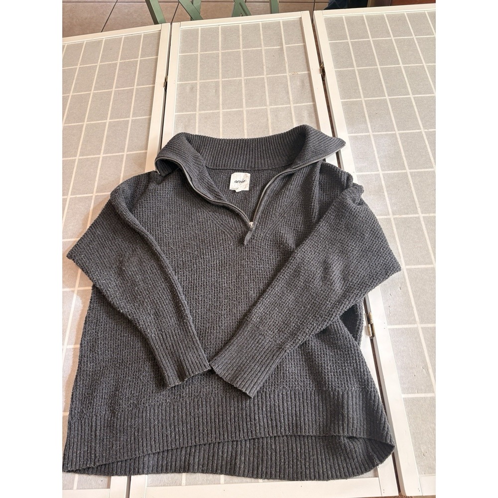 Aerie Oversized Boxy Waffle Knit Quarter Zip Sweater Charcoal Grey Sz S Cozy